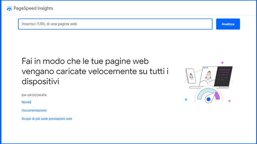 Home Page di Page Speed Inside di Google, strumento per misurare la velocità di caricamento di una pagina web fornito da Google