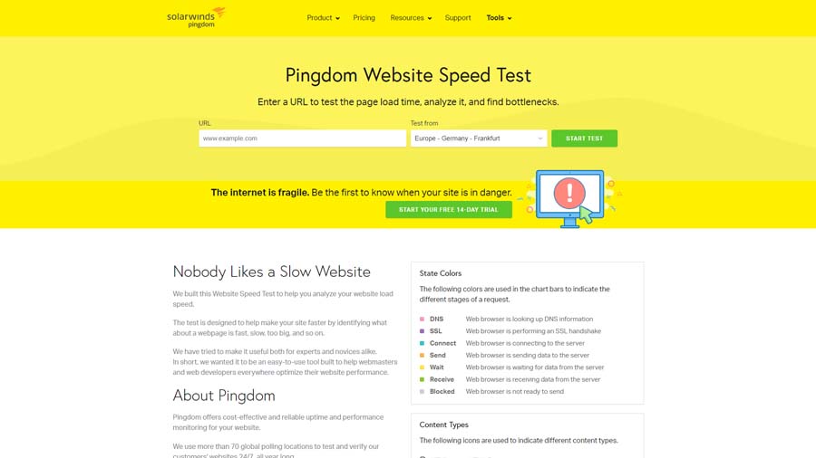 Home page di Pingdom Speed Test, tool per misurare la velocità di un sito internet